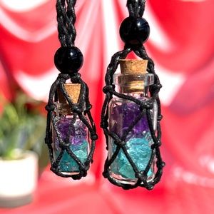 Natural Raw Amethyst and Neon Blue Apatite, Raw Crystal Necklace, Crystal Bottle